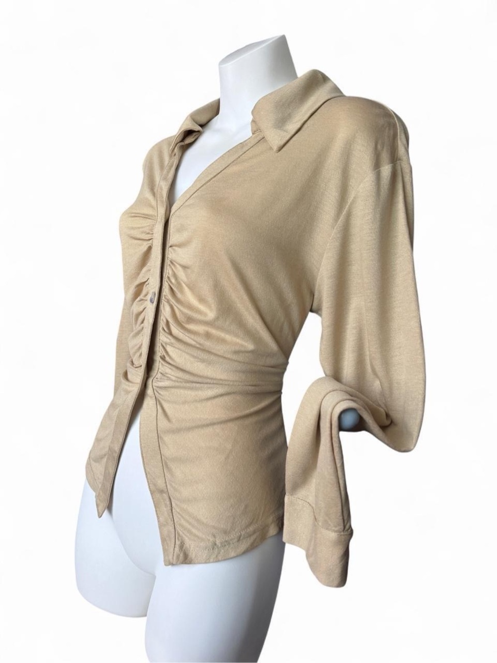 MOTF Beige Ruched Button-Down Shirt - Picture 4 of 7